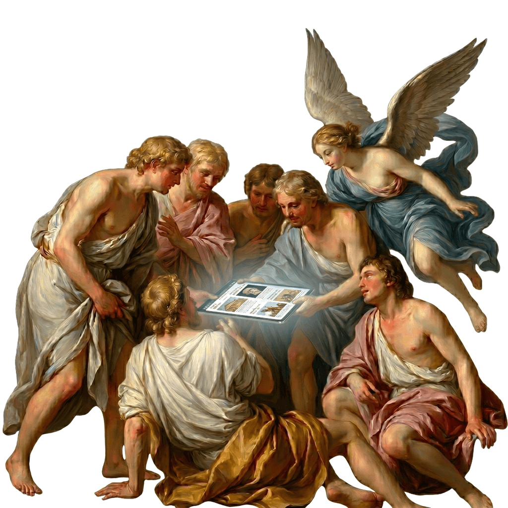 A neoclassical panel of figures gathered around a glowing tablet