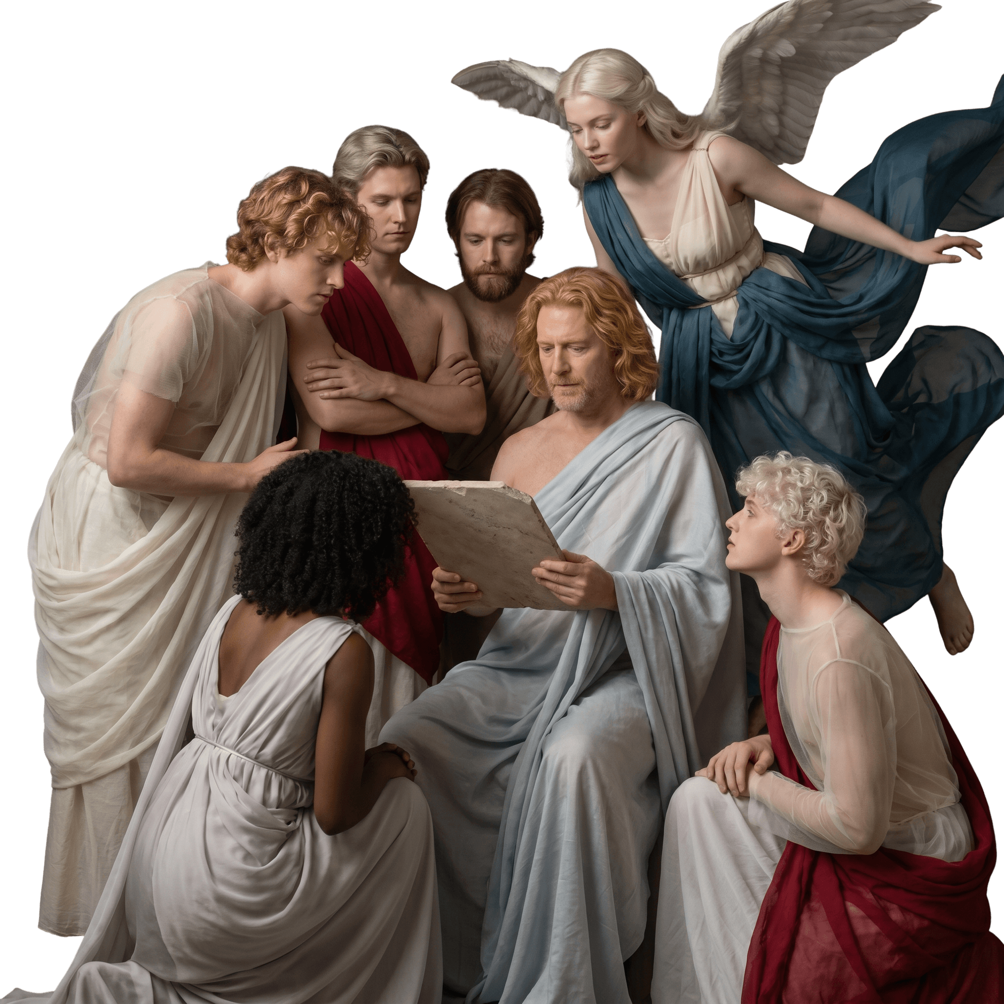 A neoclassical panel of figures gathered around a stone tablet